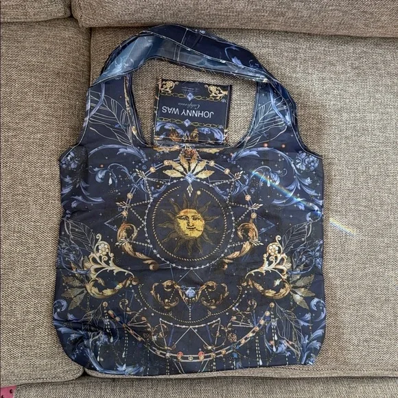 Johnny Was California Reusable Shopping Bag Tote Blue Gold Moon Packable New - Picture 9 of 12